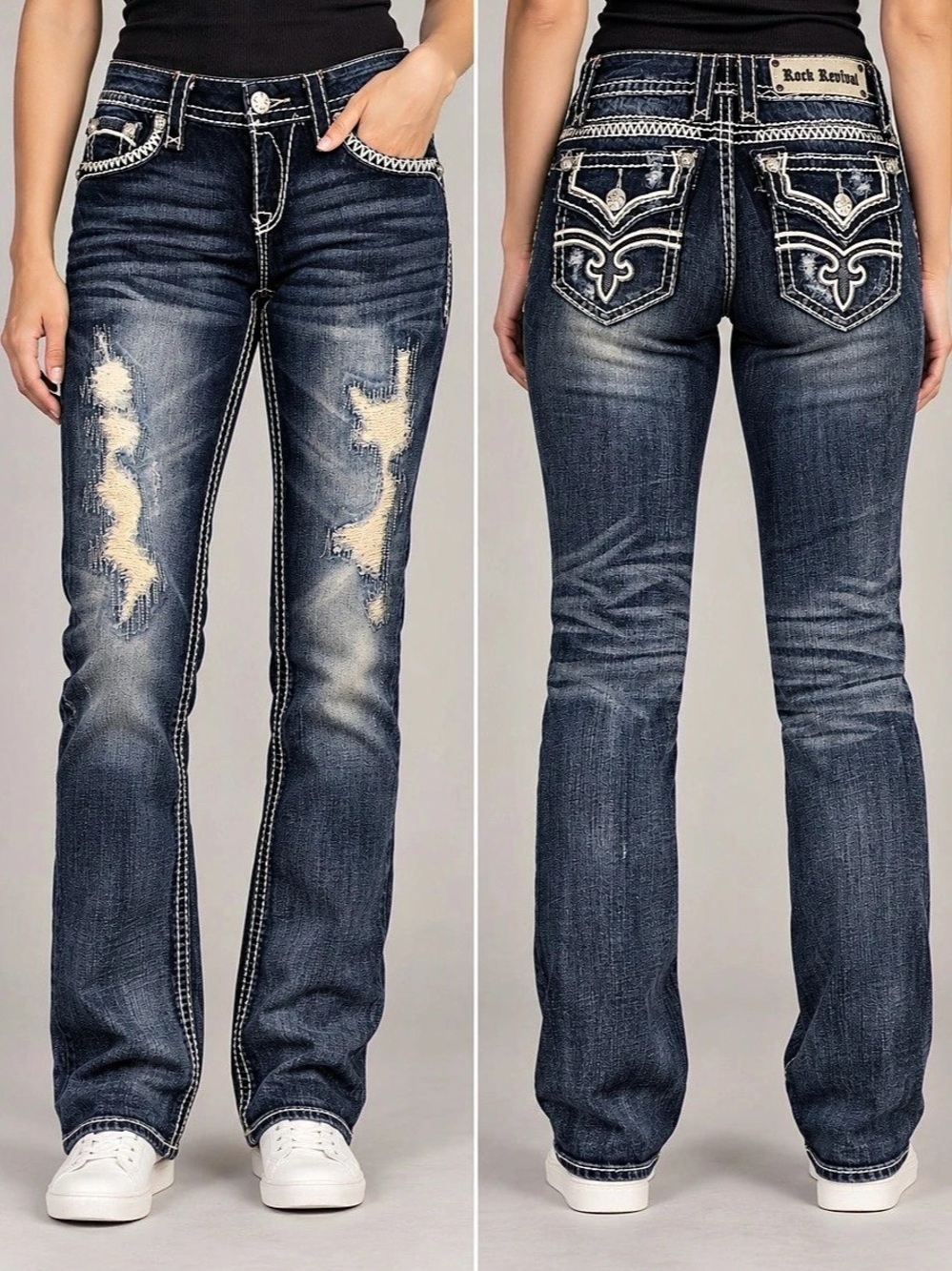 Rock Revival Boot Cut Distressed Jeans in Blue Size Medium (27)